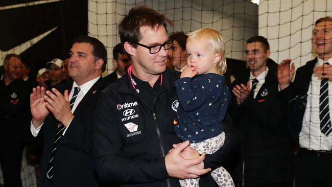 David Teague in the rooms after Carlton’s win. Picture: Getty Images