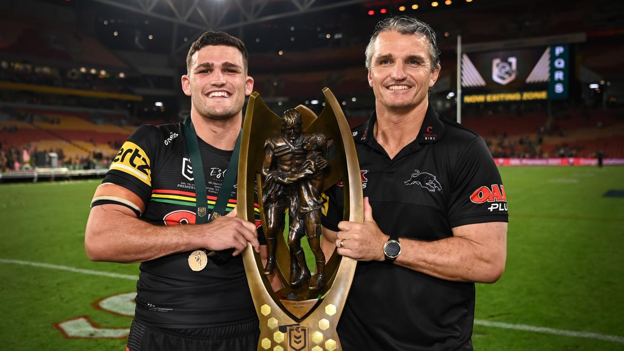 Nathan Cleary and his father Ivan with the Provan-Summons Trophy. Picture by NRL IMAGES