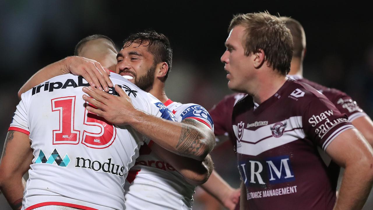 Jordan Pereira of the Dragons celebrates after Josh Kerr of the Dragons scored a try.