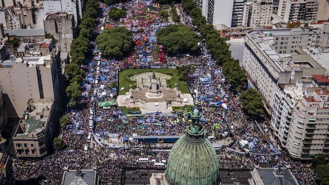 Protesters in front of the National Congress, during a strike against President Javier Milei’s policies, on January 24, 2024 in Buenos Aires, Argentina. Picture: Getty