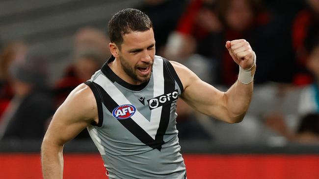 MELBOURNE, AUSTRALIA - AUGUST 14: Travis Boak of the Power celebrates a goal during the 2022 AFL Round 22 match between the Essendon Bombers and the Port Adelaide Power at Marvel Stadium on August 14, 2022 in Melbourne, Australia. (Photo by Michael Willson/AFL Photos via Getty Images)