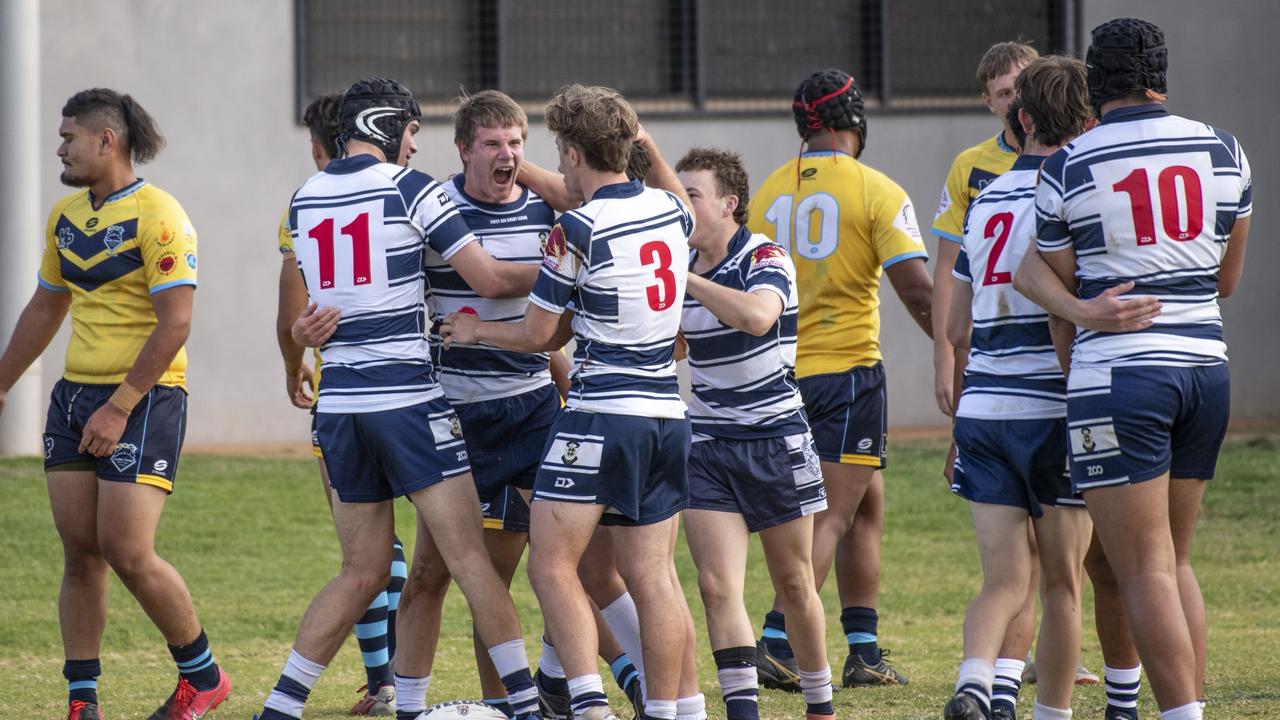 Harry Schwenke celebrates his try for St Mary's against Mabel Park SHS in the Langer Cup.