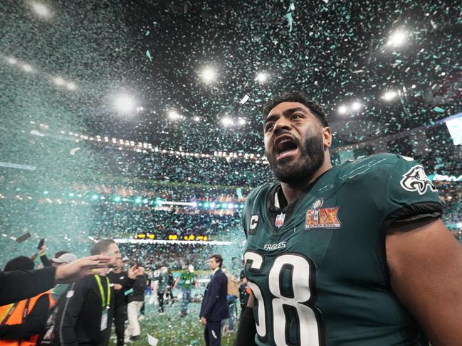 Mailata celebrates after the Eagles beat Kansas City Chiefs in the NFL Super Bowl. Picture: AP Photo/Doug Benc