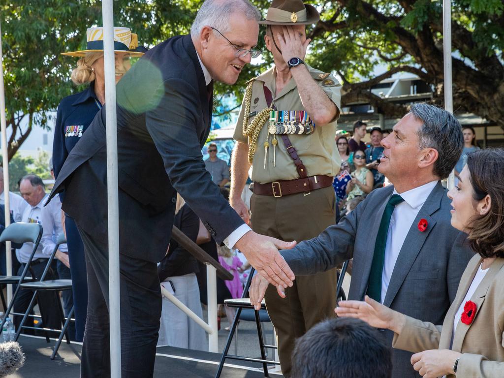 Prime Minister Scott Morrison greets Richard Marles in Darwin. Picture: Jason Edwards