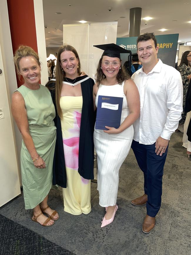 Heather Lindsay, Finley Dempsey (Bachelor of Occupational Therapy: Honours), Elisha Lindsay (Bachelor of Occupational Therapy: Honours) and Robert Taylor at the Federation University Churchill Campus graduations on Tuesday, March 25, 2025. Picture: Jack Colantuono