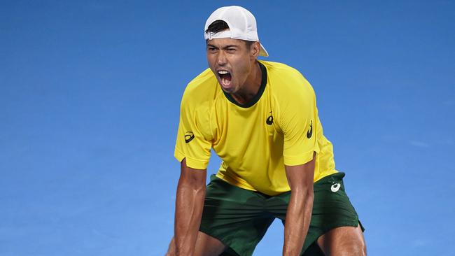 Jason Kubler of Australia celebrates his shock win over world No. 27 Dan Evans at the United Cup. (Photo by Brett Hemmings/Getty Images)