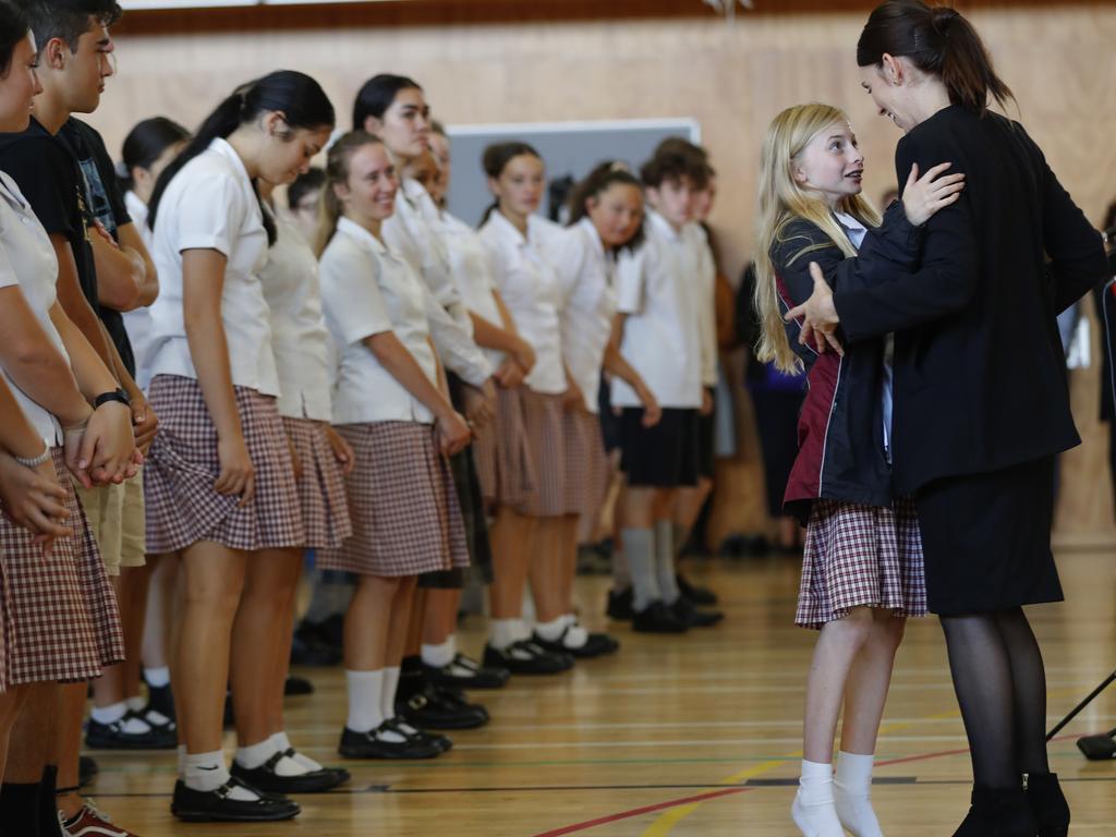 New Zealand's Prime Minister Jacinda Ardern met with students at a high school visit in Christchurch today. Picture: Vincent Thian/AP