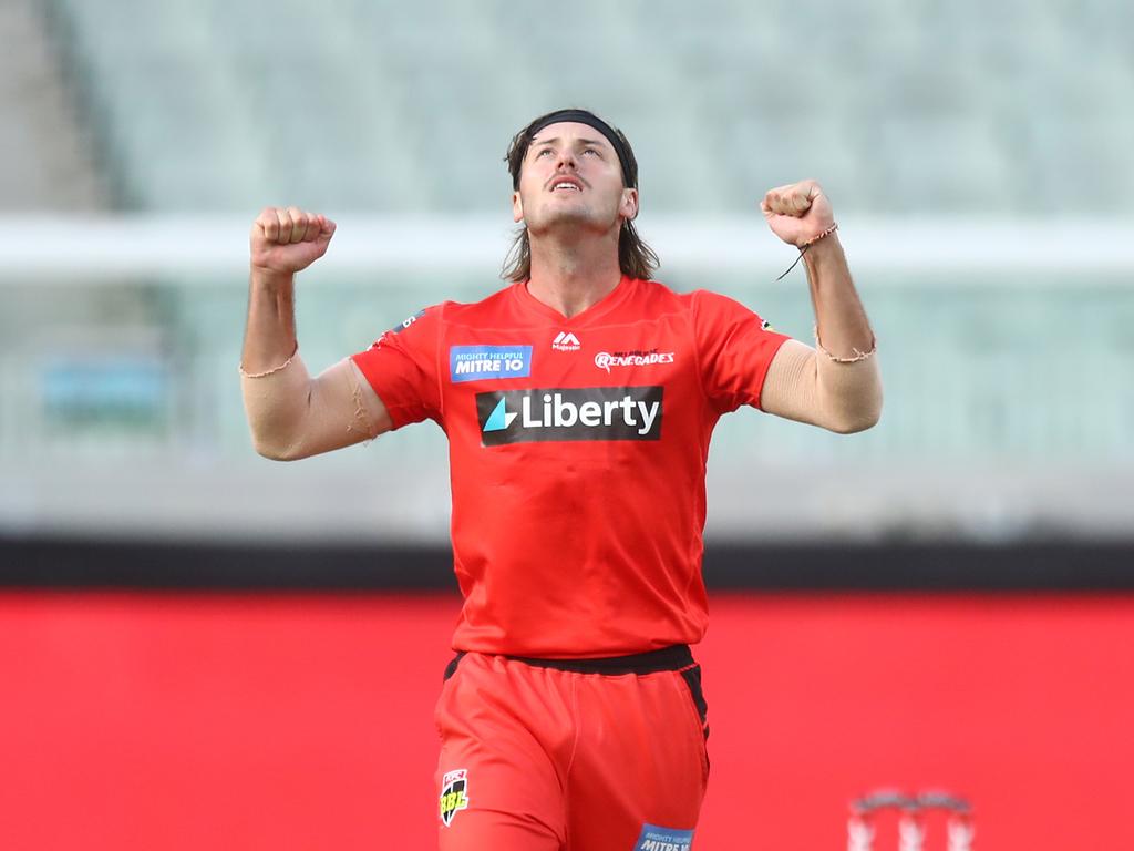 Zak Evans celebrates a wicket for Melbourne Renegades in 2021. Picture: Mike Owen/Getty Images