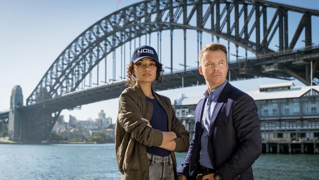 Olivia Swann as NCIS Special Agent Captain Michelle Mackey and Todd Lasance as AFP Liaison Officer Sergeant Jim Dempsey, on the set of NCIS: Sydney. Picture: Daniel Asher Smith/Paramount+