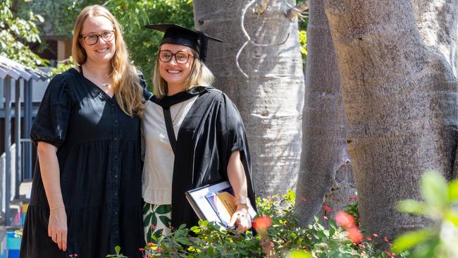 Emily Barker and Sara Duncan at the 2025 Graduation ceremony held at Charles Darwin University on May 20, 2025. Picture: Pema Tamang Pakhrin