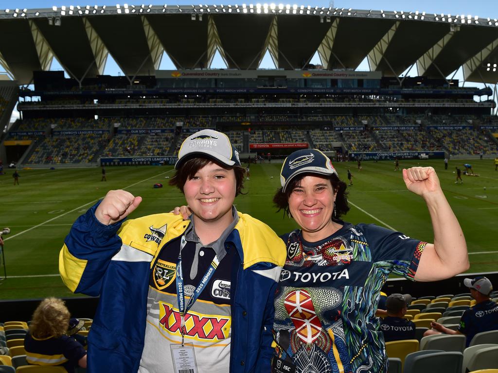 North Queensland Cowboys against Newcastle Knights at Queensland Country Bank Stadium. Joe McCarthy, 13, with mum Robyn Preston. Picture: Evan Morgan