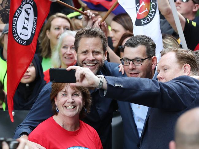 Premier Daniel Andrews gets a selfie with union leaders, including Trades Hall Council secretary Luke Hilakari (right). Picture: David Crosling