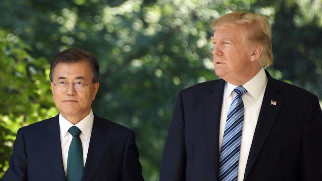 US President Donald Trump with South Korea's President Moon Jae-in . Picture: AFP