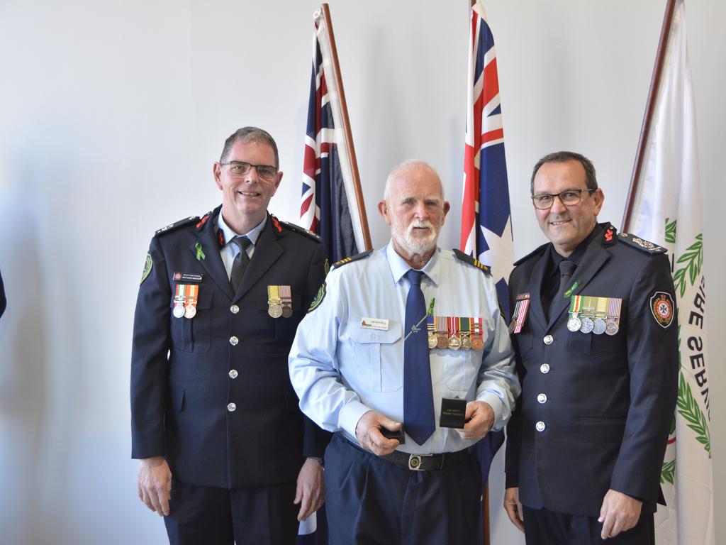 Dalveen Rural Fire Brigade volunteer firefighter Jim Mitchell was awarded a National Medal 1st, 2nd and 3rd Clasps during Rural Fire Service Week on Saturday, August 3rd. Photo: Jessica Klein