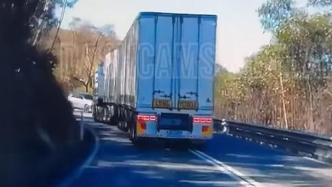 Cars are seen to be forced to slam on their brakes and others coming dangerously close to colliding with the heavy vehicle. Picture: Dashcams Adelaide