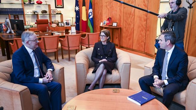 The Prime Minister, Anthony Albanese and Treasurer, Jim Chalmers with Michele Bullock the next RBA boss at Parliament House on Friday. Picture: NCA NewsWire / Martin Ollman