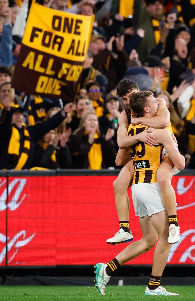 Calsher Dear and Massimo D'Ambrosio during the Hawks’ win. Picture: Dylan Burns/AFL Photos