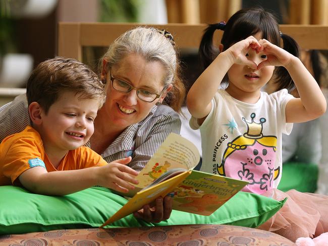 02/04/2020 : Child care Centre Director Liz Christie with Finn and Abbella, both 4, at the Goodstart Brisbane Adelaide St child care centre in inner Brisbane. Child care will be free as announced by the Prime Minister today  due to the Covid-19 virus. Lyndon Mechielsen/The Australia
