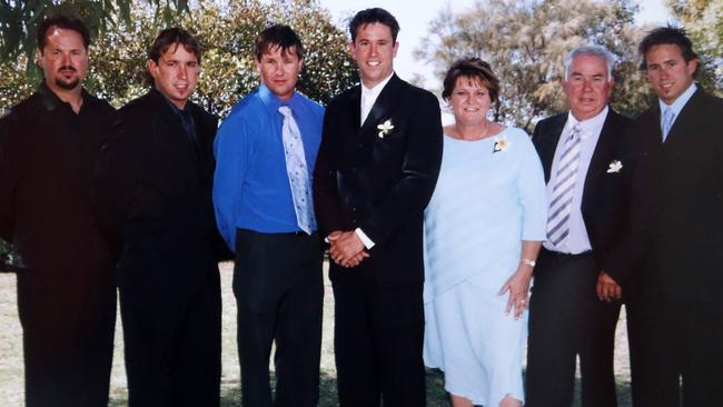 FAMILY CELEBRATION: Nathan, Kynan, Shannon, Damien, Sue, Ken and Aaron Little at Damien’s wedding in 2007.