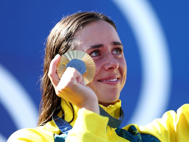 Noemie Fox sheds tears after receiving her gold medal. Picture: Alex Davidson/Getty Images