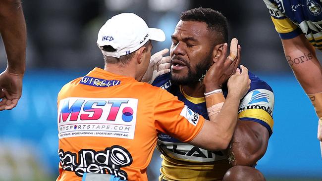 Parramatta's Maika Sivo is attended to after being tackled during the NRL match between the Parramatta Eels and Melbourne Storm at Bankwest Stadium. Picture. Phil Hillyard