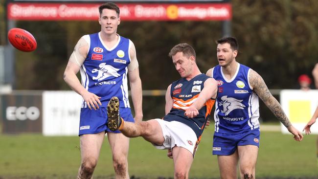 EDFL: Burnside Heights’ Declan Highgate gets a kick. Picture: Hamish Blair