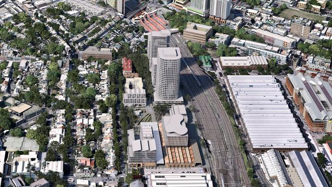 Concept art of the new development at North Eveleigh, on the left-hand side of the rail corridor at Redfern.