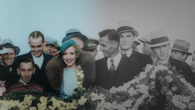 A half-colourised still from the 1931 celebrations when Phar Lap won his final race in Tijuana, Mexico. Picture: SBS