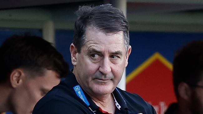 LAUNCESTON, AUSTRALIA - MAY 11: Ross Lyon, Senior Coach of the Saints looks dejected after a loss during the 2024 AFL Round 09 match between the Hawthorn Hawks and the St Kilda Saints at UTAS Stadium on May 11, 2024 in Launceston, Australia. (Photo by Michael Willson/AFL Photos via Getty Images)