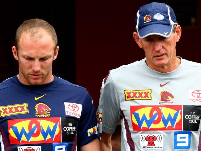 Captain Darren Lockyer (L) and coach Wayne Bennett ahead of Brisbane Broncos final training session at Red Hill in Brisbane, before their NRL semi final game against Melbourne Storm.