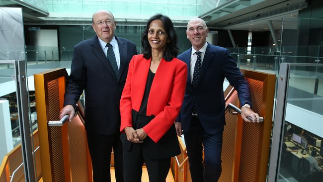 From left: Macquarie Group chairman Peter Warne, CEO Shemara Wikramanayake and CFO Alex Harvey. Picture: Britta Campion / The Australian