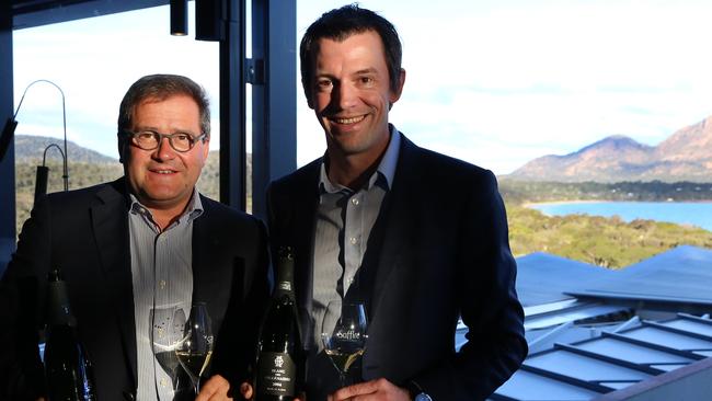 French Champagne expert Cyril Brun with Australian wine critic Tyson Stelzer during a visit to Tasmania in 2018 for a sparkling wine weekend at Saffire Freycinet. Picture: SUPPLIED