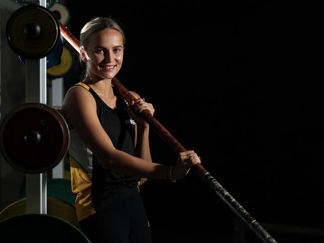 SPORT pole vaulter Liz Parnov pictured at WAIS HQ in Mt Claremont. Liz suffered a knee injury earlier this month that ended her Rio Olympic dream. But she's already working on herself and a comeback.