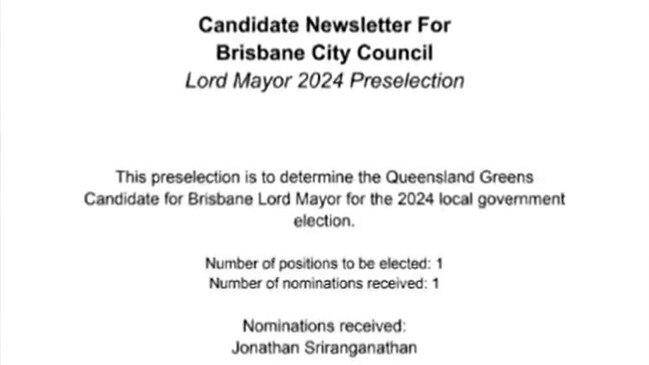 The email concerned Greens Party candidate preselection for Brisbane City Council Lord Mayor in the 2024 local government election and featured Mr Sriranganathan as the only nomination. Photo: 9 News