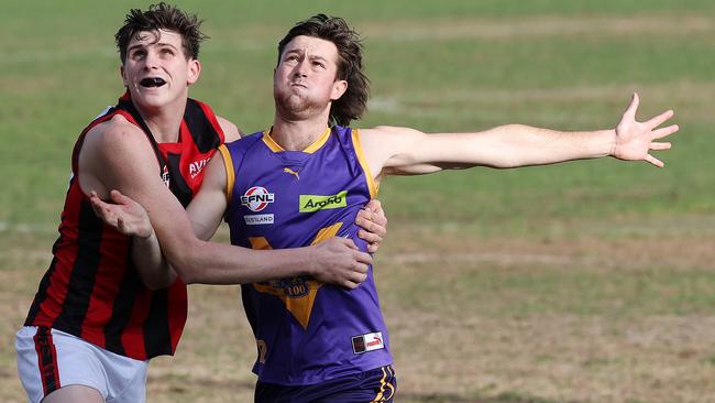 EFL: Blackburn’s Lachlan Harry battles with Mason Hawkins of Vermont. Picture: George Salpigtidis