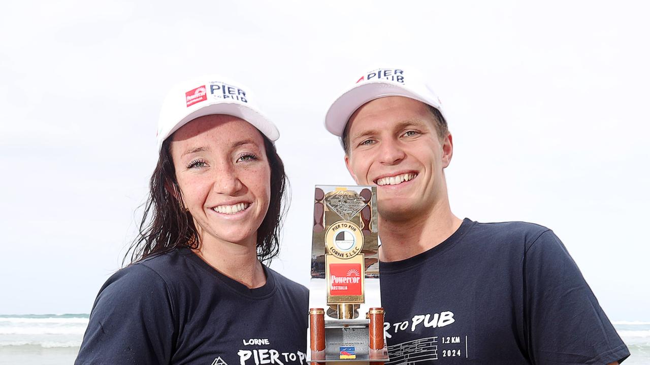 Superfish winners at the Pier to Pub, Lani Pallister and Hayden Cotter. Picture: Alan Barber