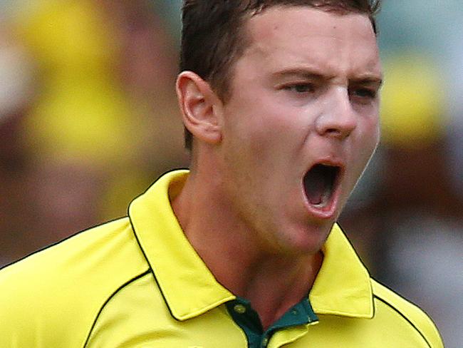 20/03/15 - ICC World Cup Cricket - Australia v Pakistan at Adelaide Oval. Josh Hazlewood celebrates the wicket of Ahmad Shahzad for 5 runs - caught Michael Clarke. Photo Sarah Reed