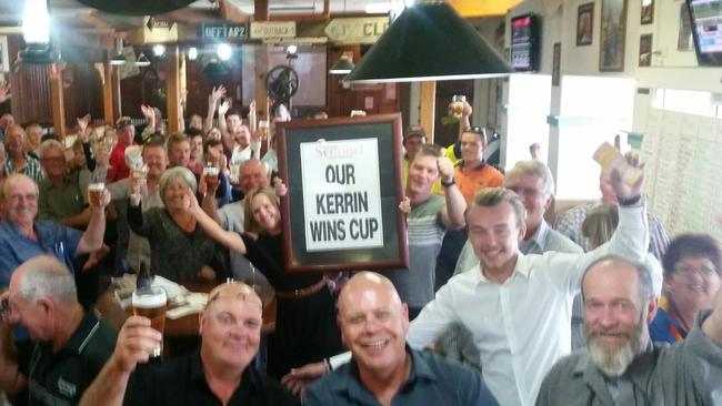 The front bar at the Streaky Bay Hotel celebrate their jockey Kerrin McEvoy’s Cup win on Almandine.