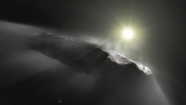 A handout image of an artist's impression released by the European Space Agency on June 27, 2018 shows  of the first interstellar object discovered in the Solar System, Oumuamua. - A scientific paper led by two researchers at Harvard University made a splash this week by claiming that a cigar-shaped rock zooming through our solar system may have been sent by aliens. The researchers noted in pre-print of the article that it was an "exotic scenario," but that "Oumuamua may be a fully operational probe sent intentionally to Earth vicinity by an alien civilization." (Photo by M. KORNMESSER / ESA/Hubble / AFP) / RESTRICTED TO EDITORIAL USE - MANDATORY CREDIT "AFP PHOTO / ESA / Hubble / NASA / ESO / M. Kornmesser" - NO MARKETING NO ADVERTISING CAMPAIGNS - DISTRIBUTED AS A SERVICE TO CLIENTS