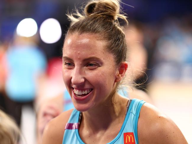 MELBOURNE, AUSTRALIA - JUNE 16:  Amy Parmenter of the Mavericks celebrates victory in the round 10 Super Netball match between Melbourne Mavericks and Queensland Firebirds at John Cain Arena on June 16, 2024 in Melbourne, Australia. (Photo by Graham Denholm/Getty Images)