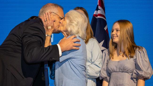 Scott Morrison welcomes his mother, Marion, to the stage in Brisbane on Sunday. Picture: Jason Edwards