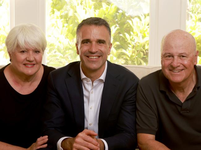 March 15 2022: SA Labor leader Peter Malinauskas with his mum Kate Malinauskas and dad, Peter Malinauskas at his parents home.  Picture: Kelly Barnes