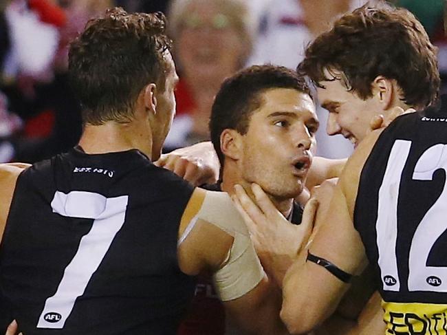 AFL Round 11. St Kilda vs Melbourne at Etihad Stadium. Leigh Montagna gets mbbed by teammates after kckng a goal putting the Saints 2 points infront in the dying seconds . Pic: Michael Klein.