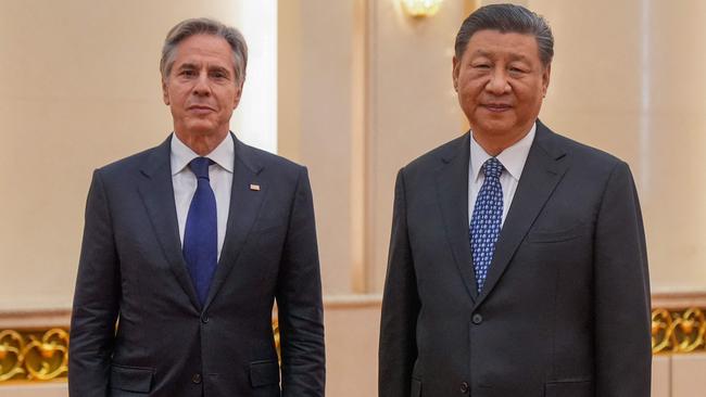 US Secretary of State Antony Blinken (L) meets with China's President Xi Jinping at the Great Hall of the People in Beijing on April 26, 2024. (Photo by Mark Schiefelbein / POOL / AFP)