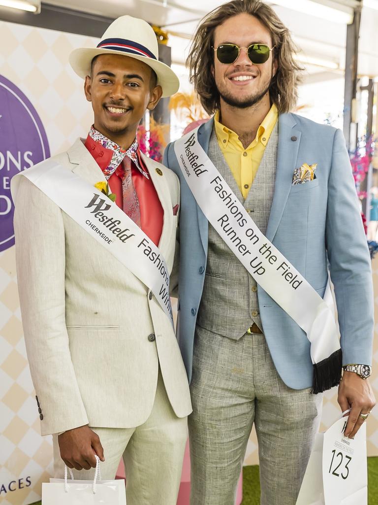 Westfield Fashions on the Field Men's Winner Conrad Heenan and Runner-up Will Seebohm at Doomben Racecourse for Melbourne Cup Day. Socials: Damien Anthony Rossi | Pictures: Jared Vethaak