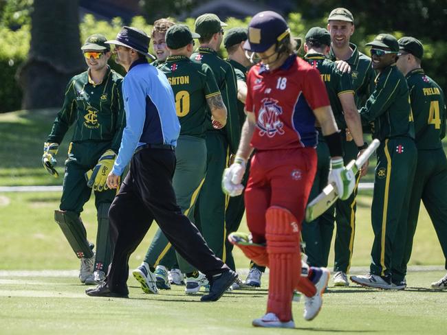 Northcote players are jubilant as Melbourne batsman Will Pucovsk walks off. Picture: Valeriu Campan