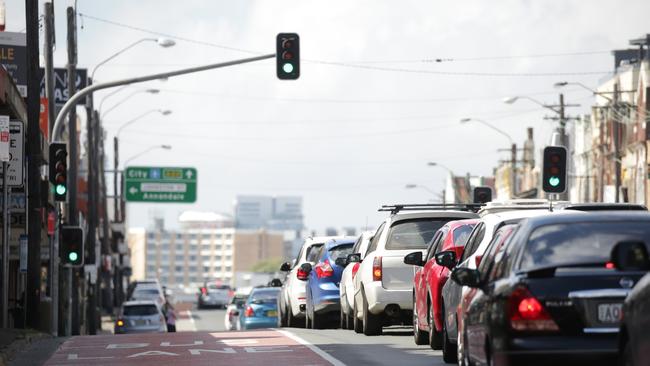 Cars queued up on Parramatta Road in Ashfield. Picture: NCA NewsWire / Christian Gilles