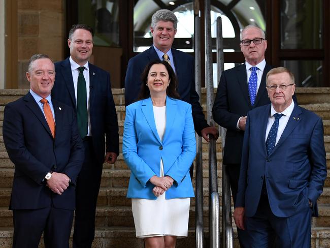 President of Paralympics Australia Jock O’Calloghan, Queensland Premier Annastacia Palaszczuk, AOC President John Coates and (top left to right) Brisbane Lord Mayor Adrian Schrinner, Minister for Tourism Industry Development Stirling Hinchliffe and Council of Mayors director Mark Jamieson. Picture: NCA NewsWire / Dan Peled