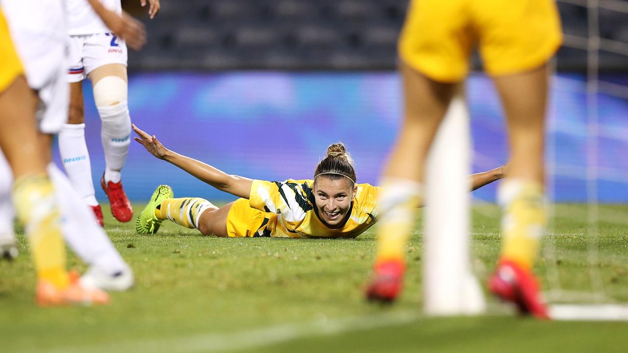 Matildas superstar Steph Catley celebrates a goal in World Cup qualifiers.