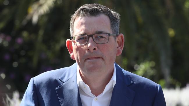 Premier Daniel Andrews resigning in a press conference on Tuesday. Picture: David Crosling